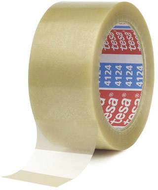 A roll of transparent adhesive tape with a partial view of the inner paper, which has the word 'tesa' repeatedly printed on it.