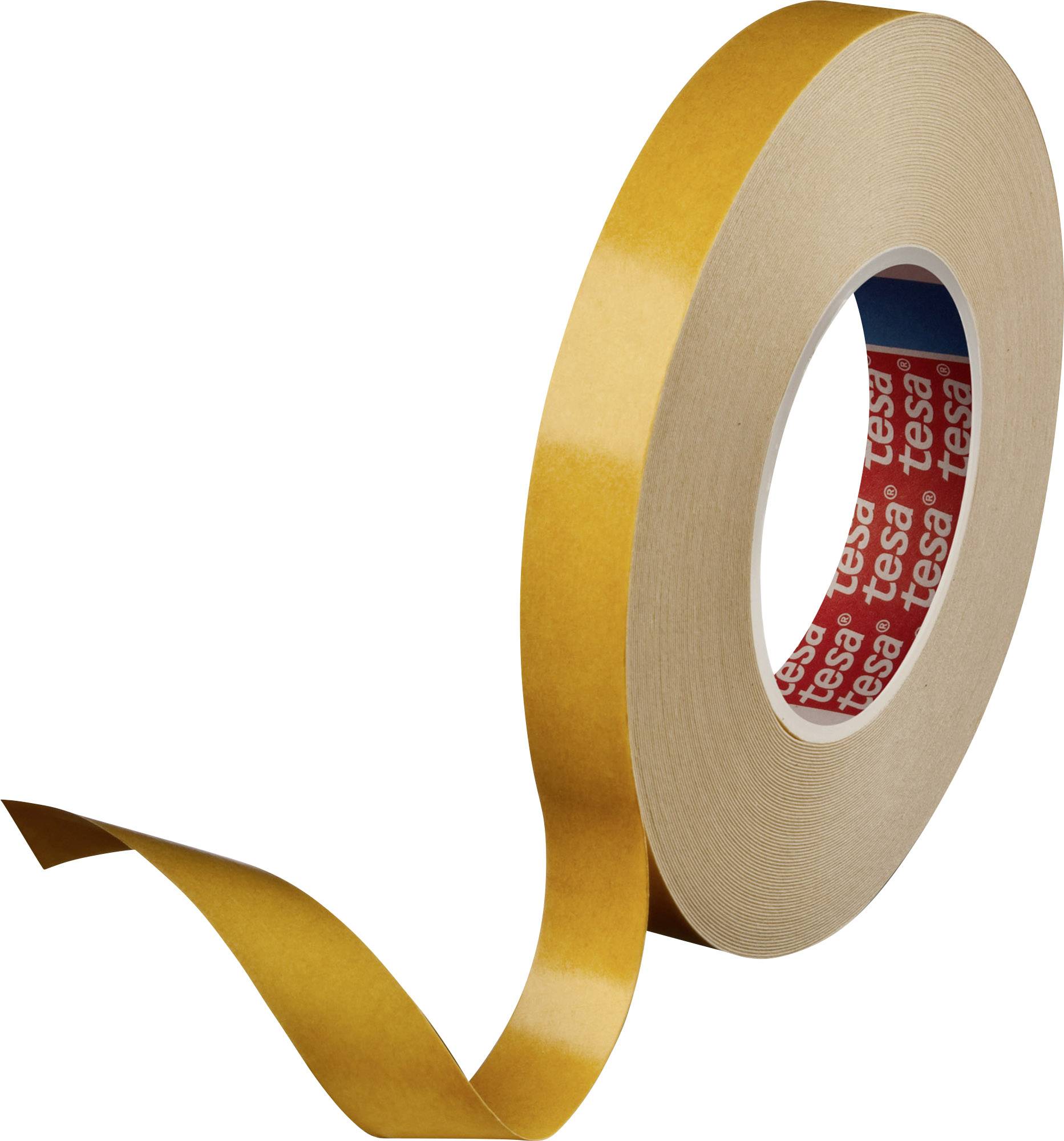 A brown roll of double-sided adhesive tape with part of the backing strip removed.