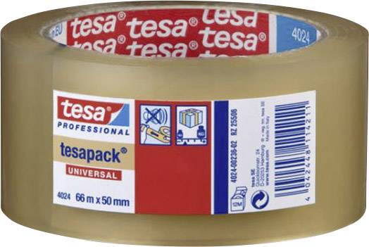 Sellotape roll, brand 'tesa', transparent, 66 m x 50 mm, suitable for packaging, label with handling symbols and barcode.