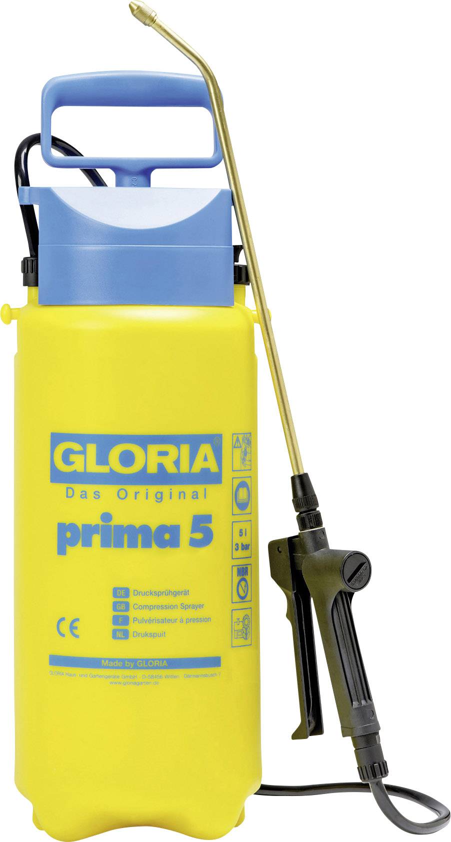 Yellow pressure sprayer with blue handle and long spray lance. Inscription: 'GLORIA The Original Prima 5'.