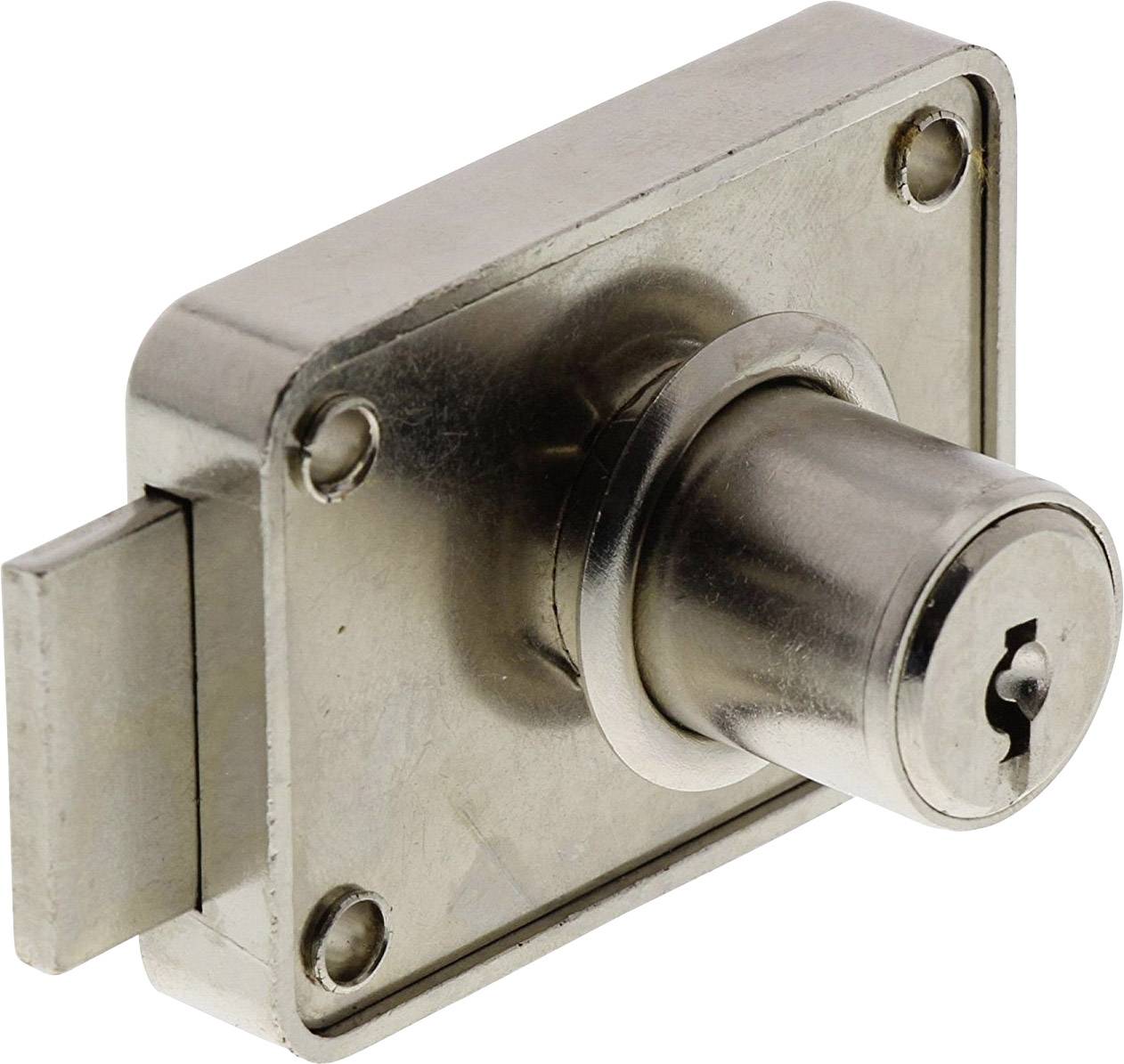 A silver metal lock housing with cylinder and bolt, suitable for installation in furniture or doors.
