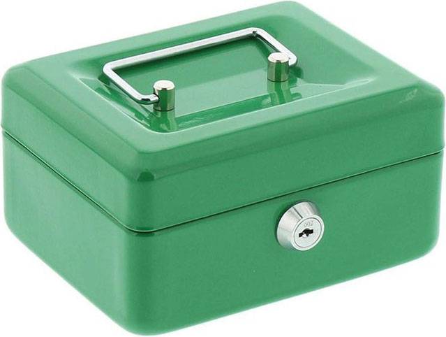 Green metal cash box with a carrying handle on top and a lock on the front.