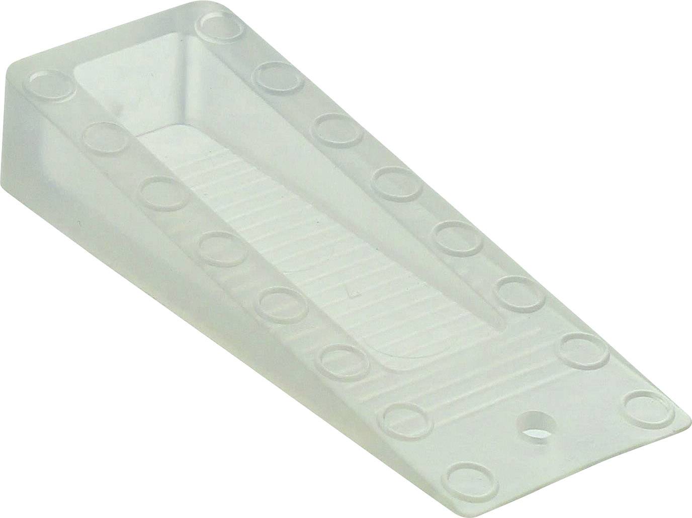 Transparent plastic door stop with non-slip surface.