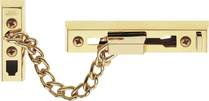 Golden safety door chain with metal slider and robust chain link, mounted on a door for additional security.