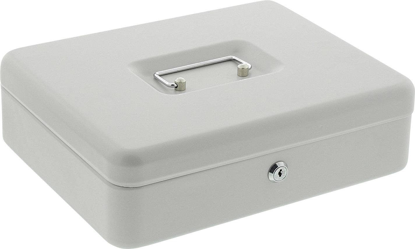 A locked, grey money case with a carrying handle and a lock on the front.
