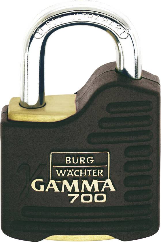 Metal padlock with the brand logo 'BURG WÄCHTER GAMMA 700' on the front, robust design.
