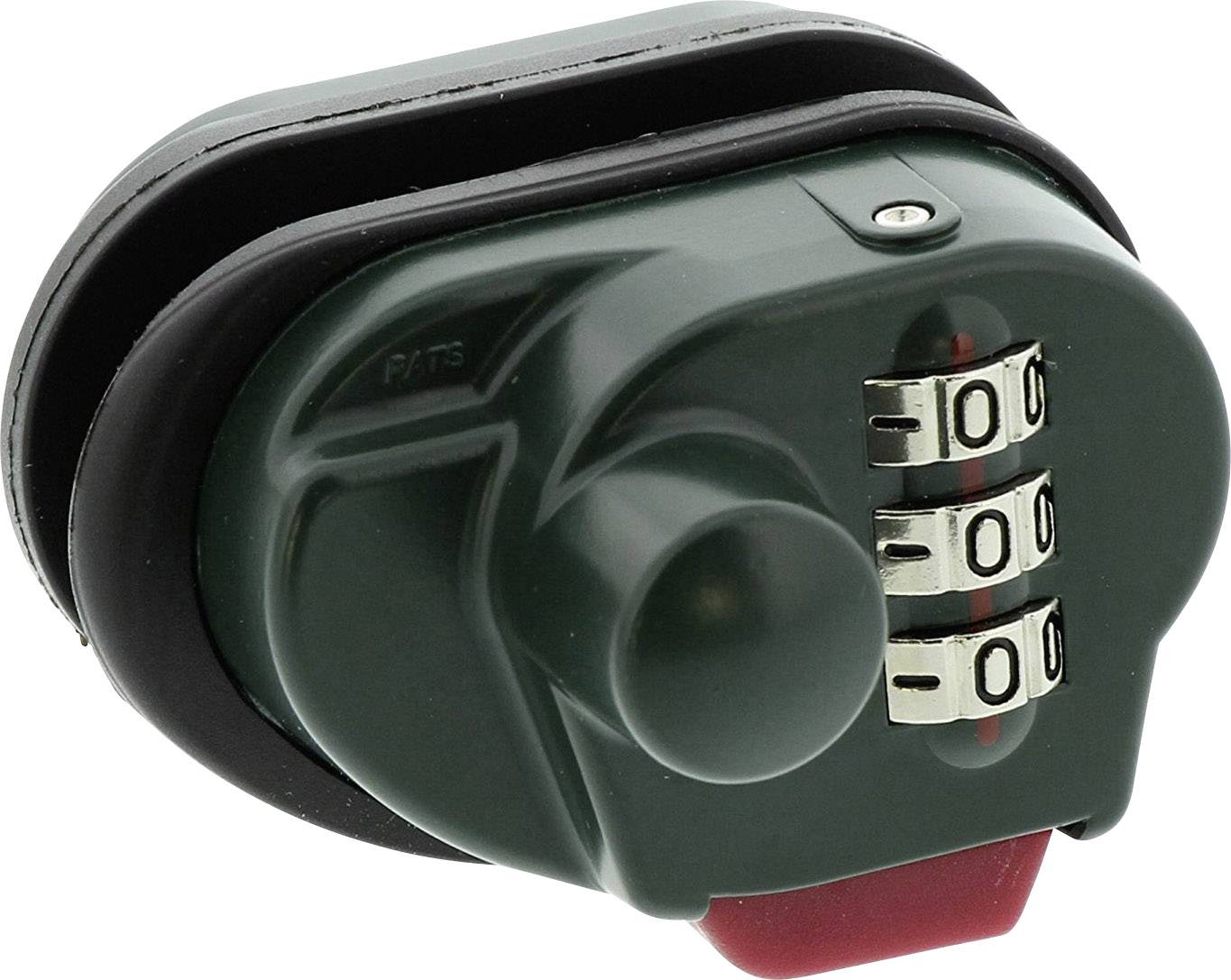 Green numerical lock with three adjustable number wheels and black rubber buffer.