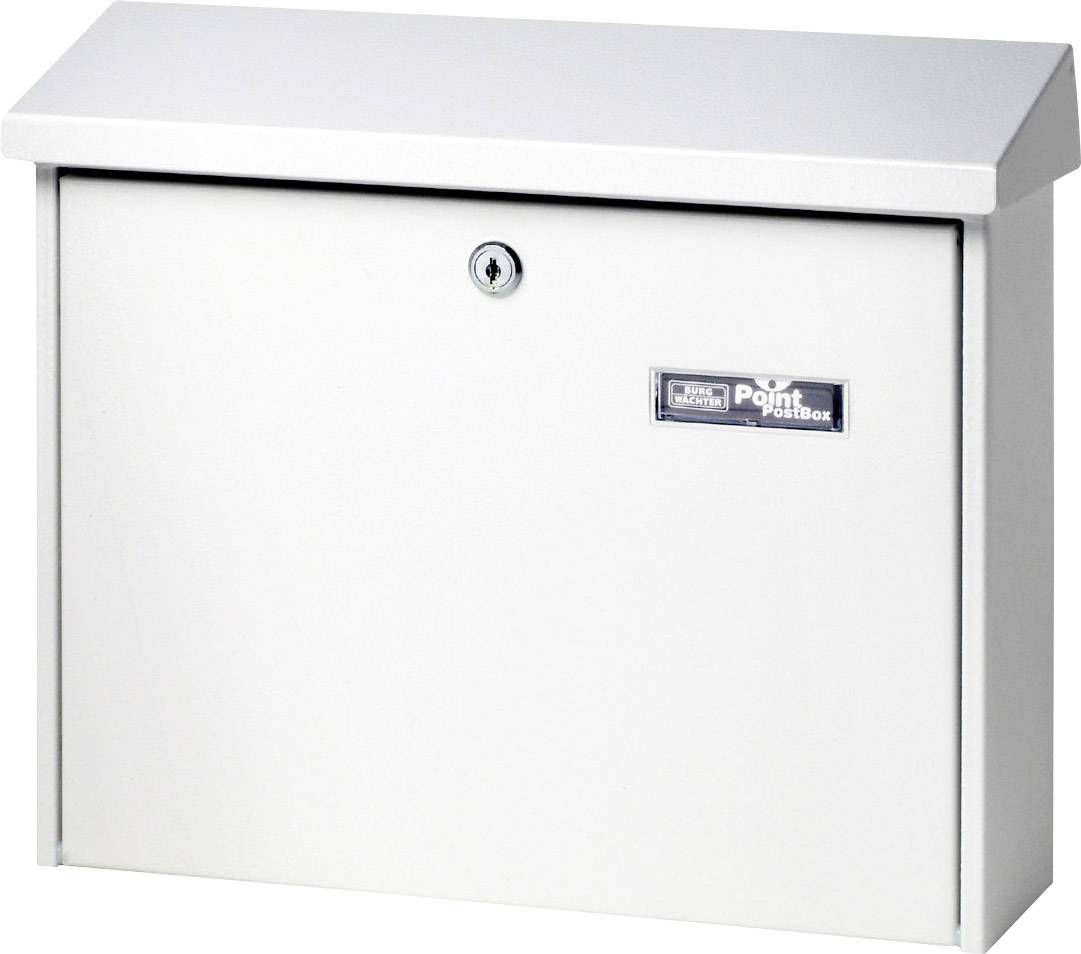 A white, rectangular postbox with a key lock on the front.