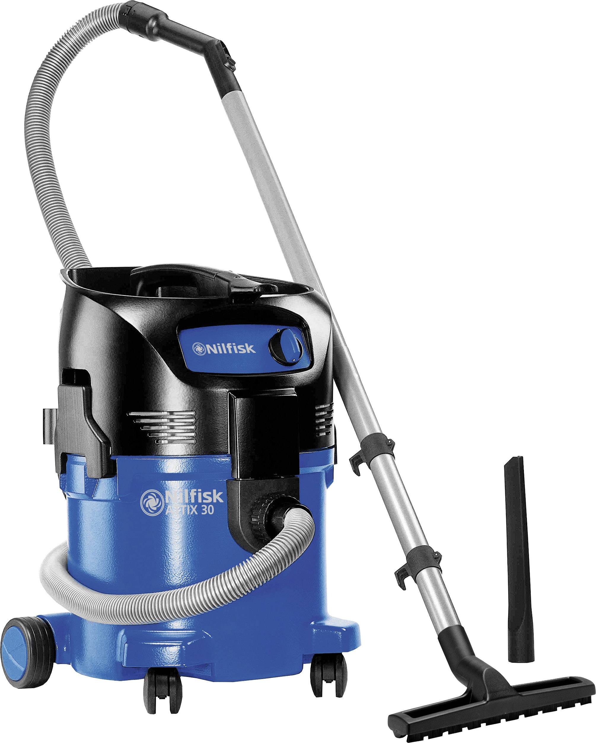 Wet and dry vacuum cleaner with blue body and black lid, long silver suction pole and flexible hose, mounted on wheels.
