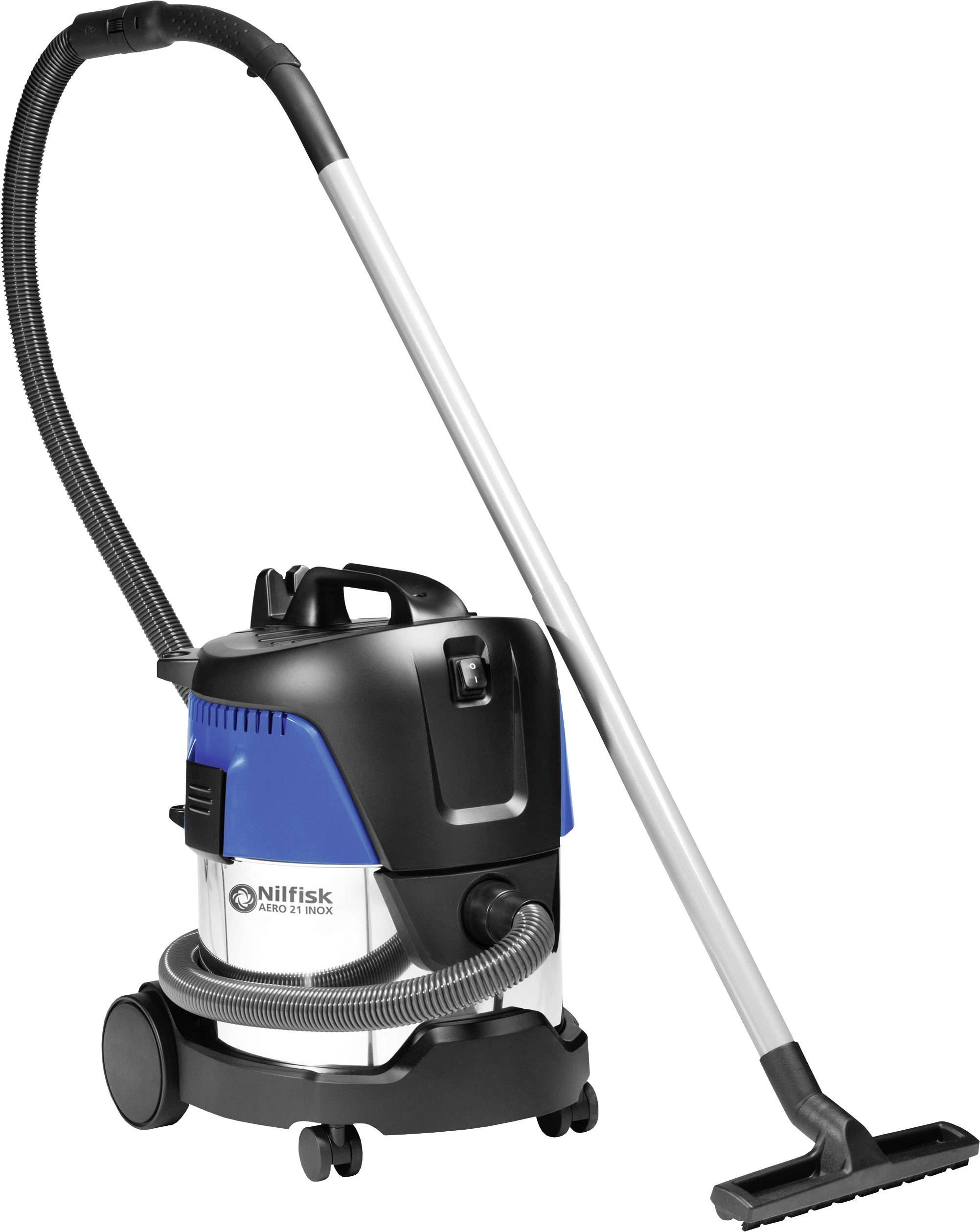 A blue and black vacuum cleaner with suction hose and wheels, suitable for household or commercial cleaning purposes.
