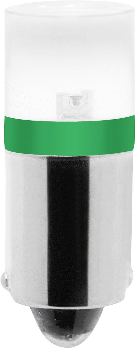 White LED lamp with a green stripe around the upper section, cylindrical shape, metal base.