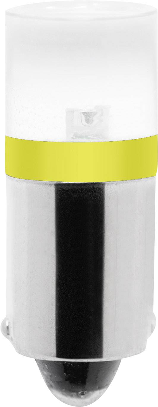 A small cylindrical LED lamp with a silver casing and yellow ring in the middle.