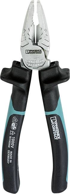 A combination pliers with black and turquoise handle, suitable for work up to 1000V.