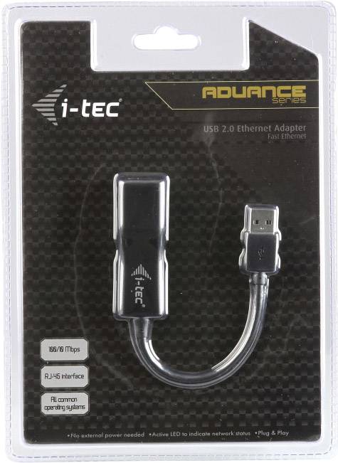 USB 2.0 Ethernet Adapter in packaging, brand 'i-tec'. Supports 10/100 Mbps, RJ-45 interface, compatible with all common operating systems.