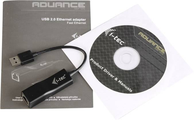 USB 2.0 Ethernet adapter next to a driver CD and instruction sheet, which reads 'Product Driver & Manuals'.