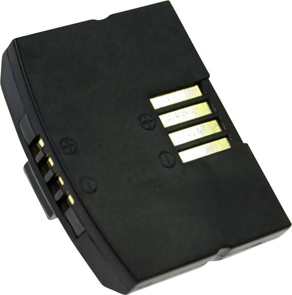 Black lithium-ion battery with four golden contacts on the side, suitable for electronic devices.
