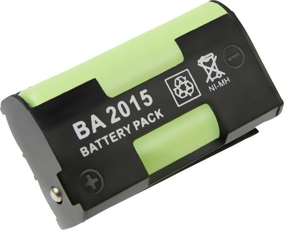 A rechargeable Ni-MH battery pack with the inscription 'BA 2015', green details and symbols for recycling and disposal.