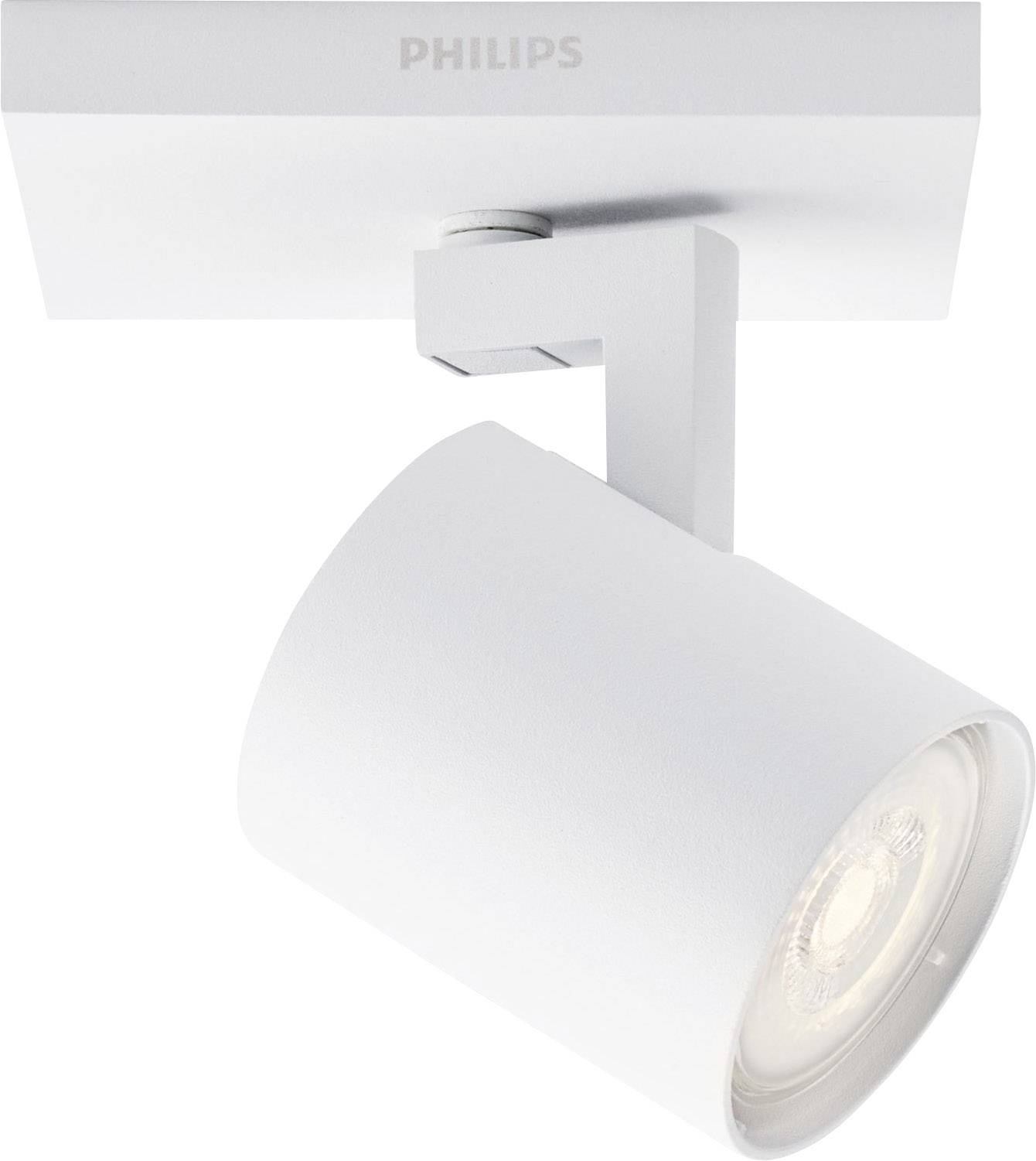 Adjustable white Philips ceiling spotlight with a cylindrical spot head. Ideal for targeted lighting in interior spaces.