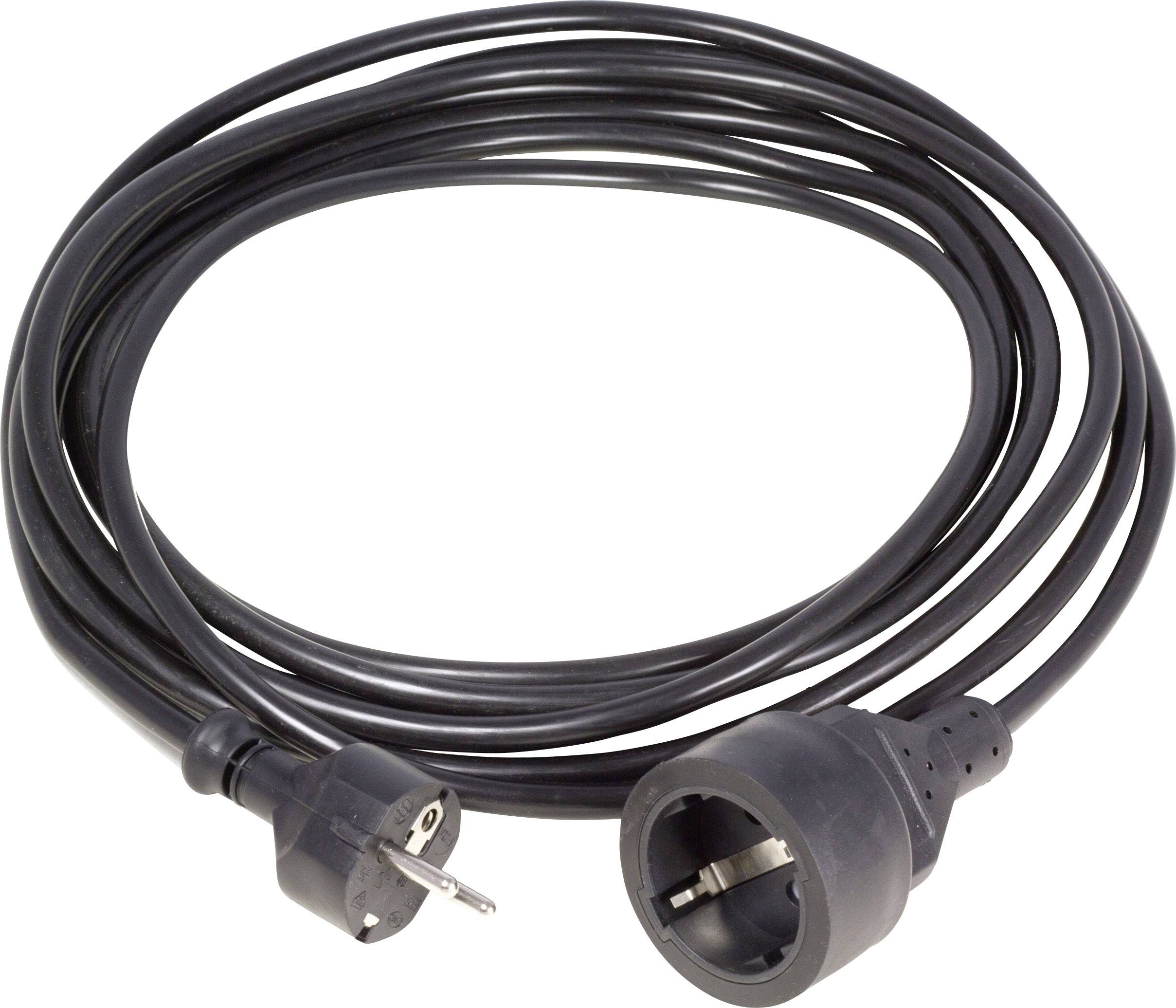 Black extension lead with a plug on one end and a socket on the other, against a white background.