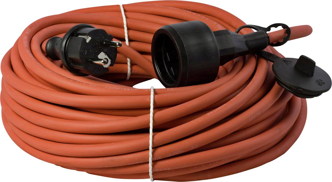 A coiled, red extension lead with a black plug and socket, suitable for electrical connections in indoor and outdoor areas.