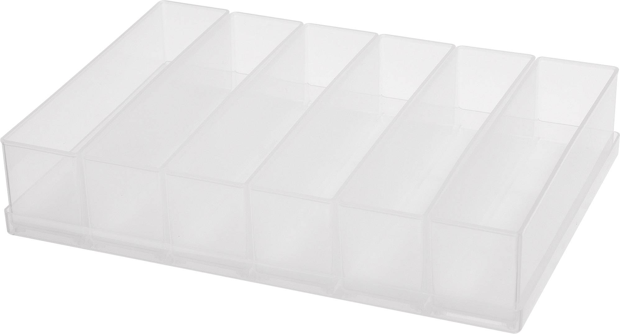 A transparent, rectangular organiser with six equally sized compartments for storing small items.