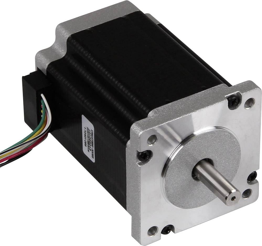 A stepper motor with a metal casing and visible shaft pin, connected with coloured cables for control in technical applications.