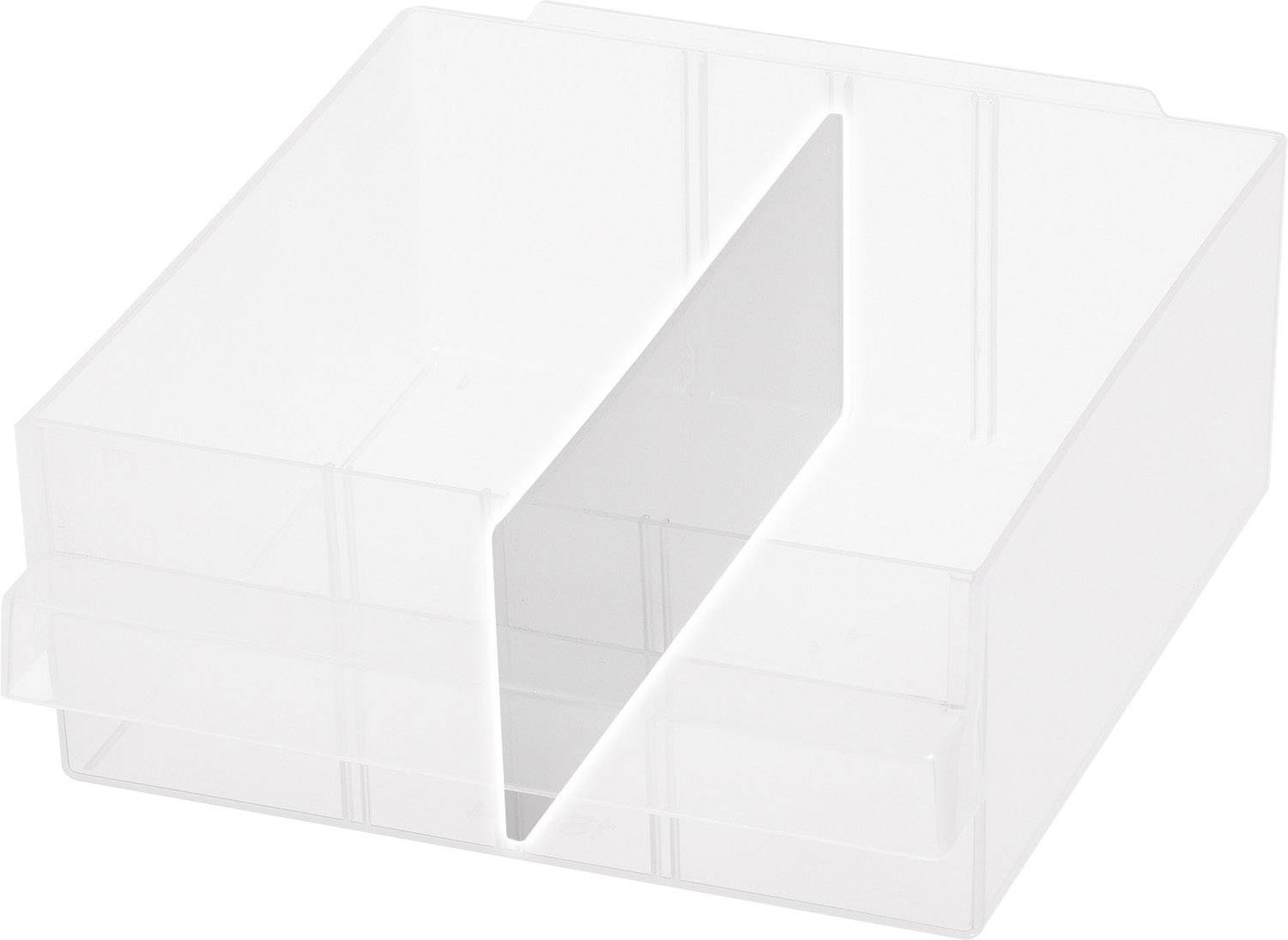 A transparent, rectangular plastic container with two compartments separated by a vertical dividing wall.