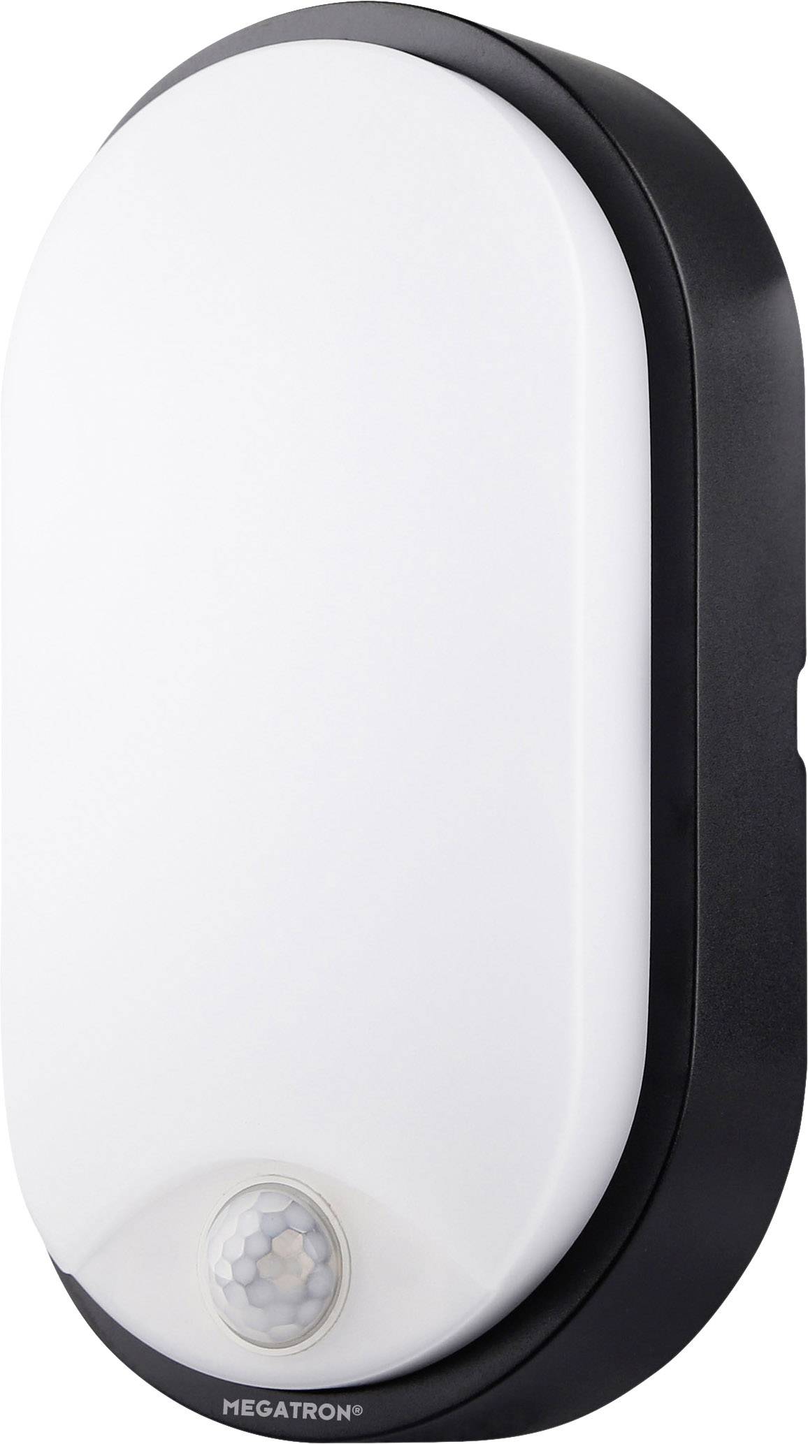 A white, oval LED lamp with a black border and motion sensor underneath, suitable for wall or ceiling mounting.