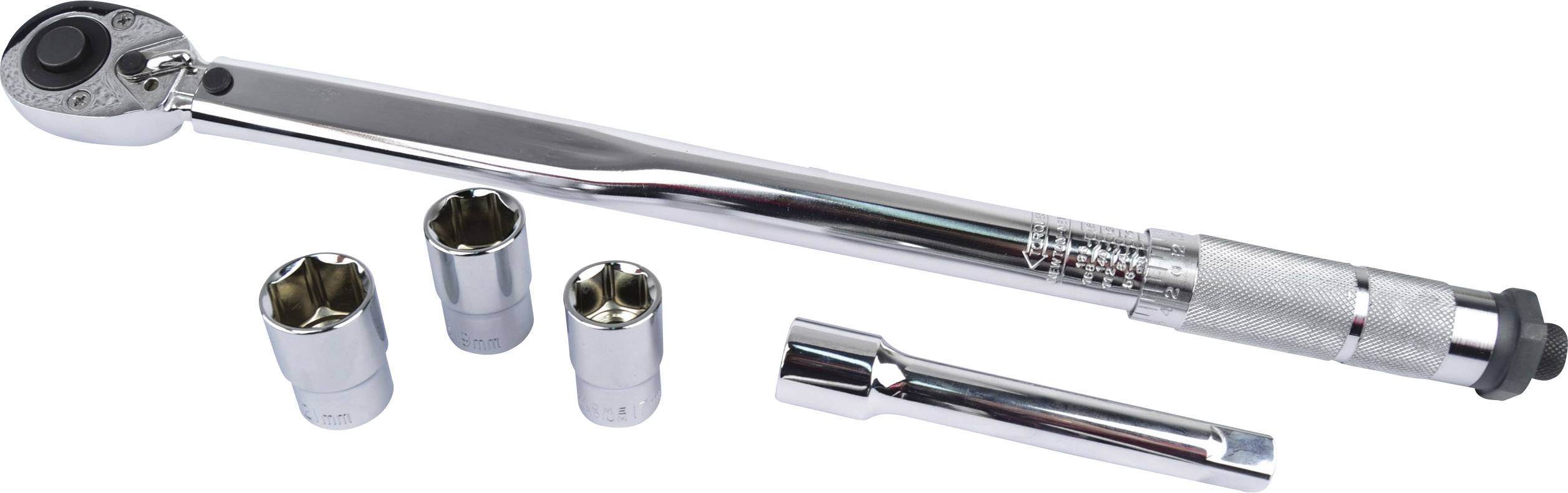 Metal torque wrench with three socket wrenches and an extension, lying on a white background.