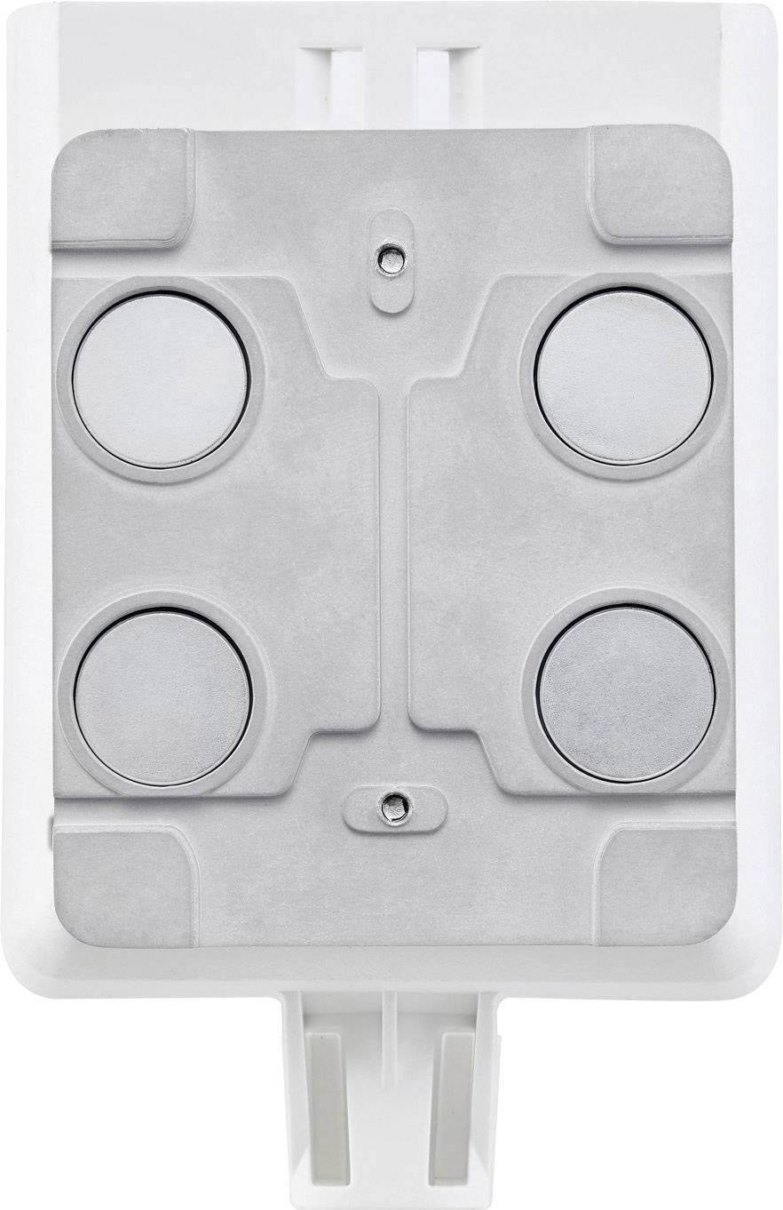 Socket with four round, silver buttons in a rectangular white frame, likely for use in a control environment.