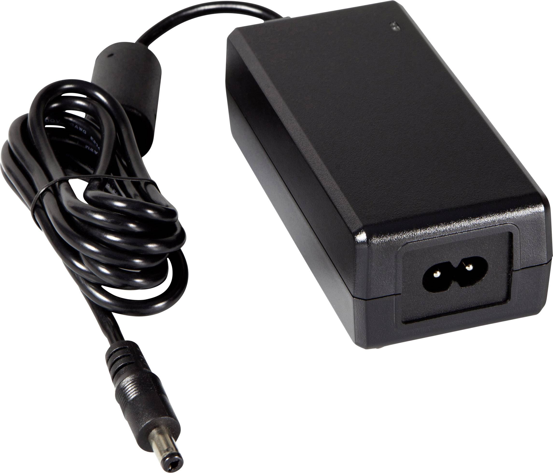 A black power supply with a coiled cable and a round DC plug, used for powering electronic devices.