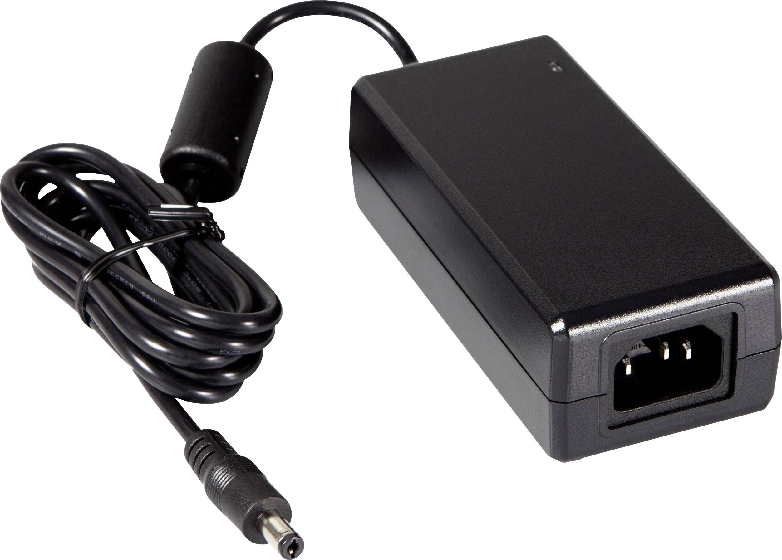 A black external power supply with an attached cable and plug, suitable for electronic devices.
