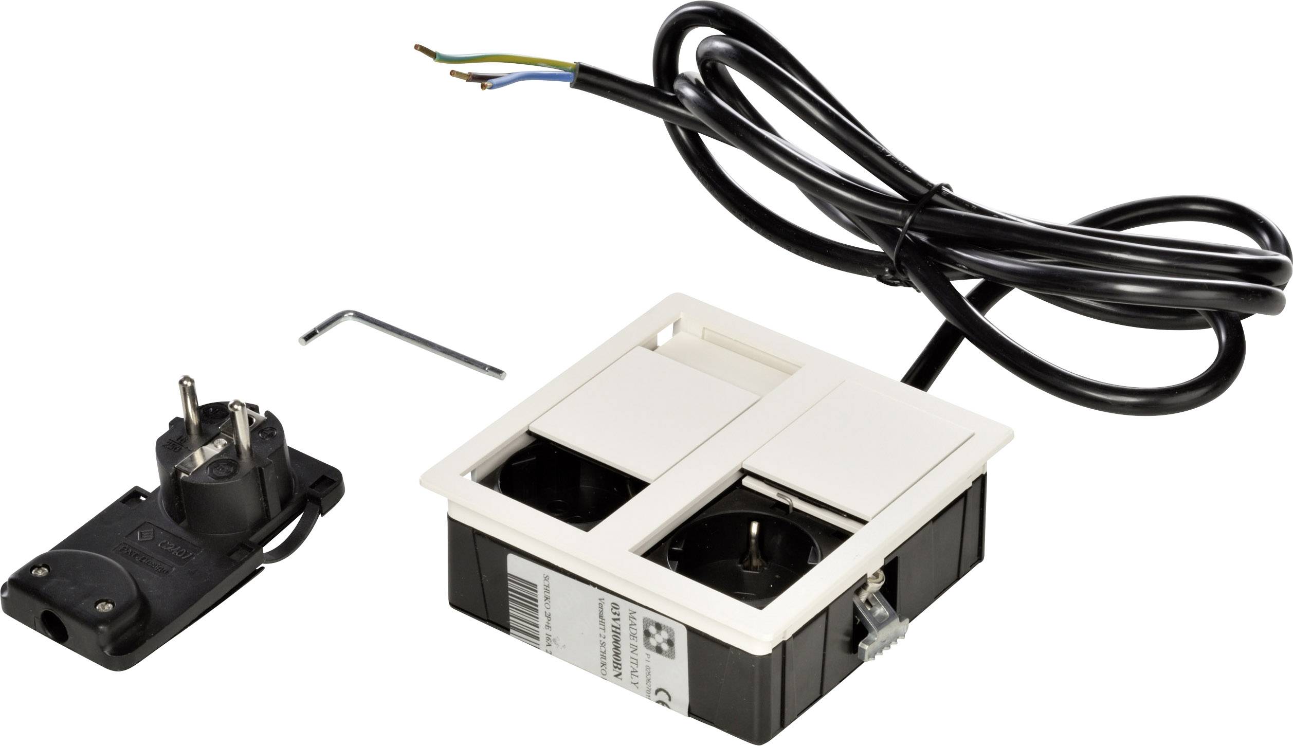 Double socket with Schuko plug and cable, beige, suitable for mounting. Includes connection cable, two sockets, screws.