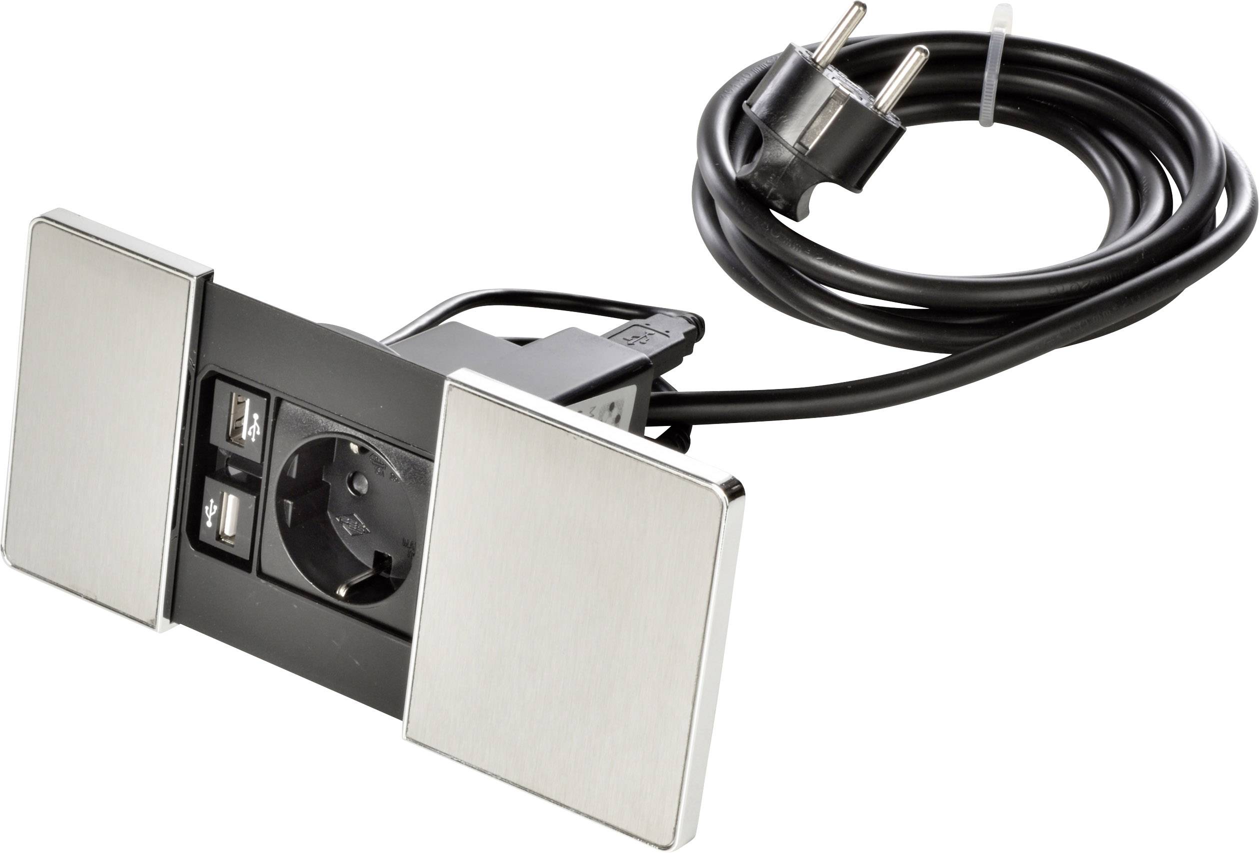 Built-in socket with two USB ports and a Schuko plug, suitable for installation in furniture or work surfaces.