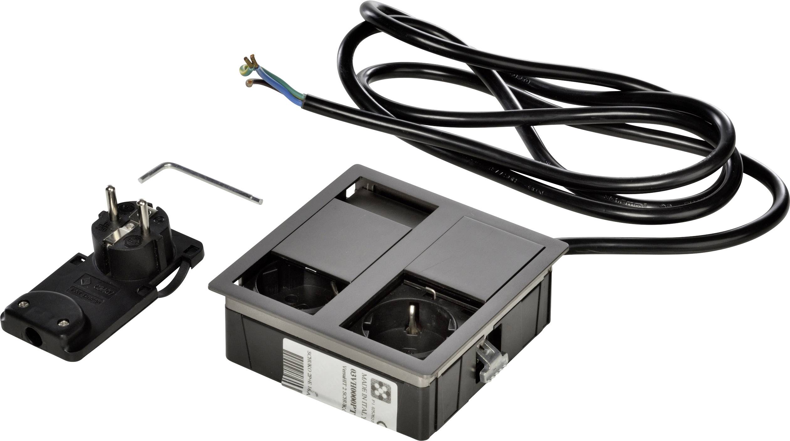 Black socket module with two slots, power plug, cable and hexagonal key. Set for mounting electrical components.