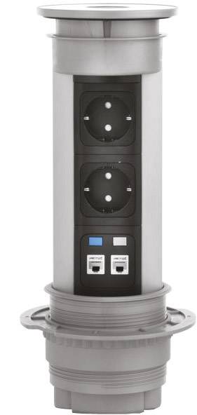 Retractable metal power strip with two power outlets and two USB ports, suitable for worktops or desks.