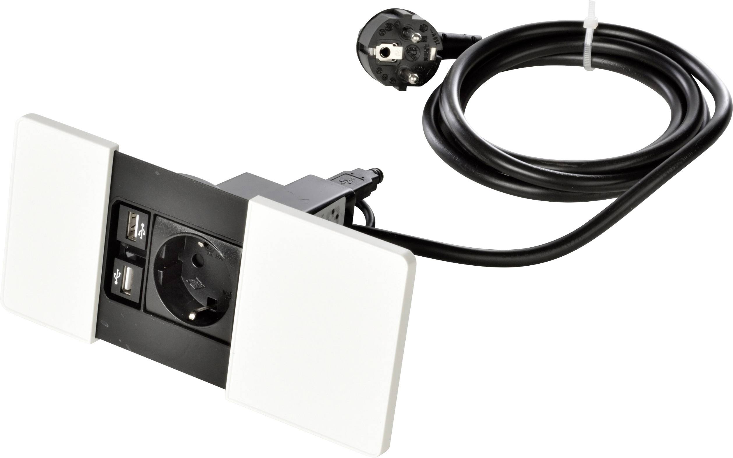 Black power strip with black cable, one socket and two USB ports, built into a white housing.