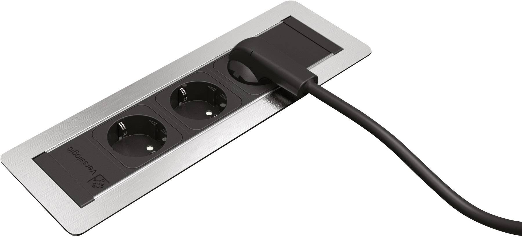 Flush-mounted socket with two connections, recessed into the table, with a black cable plugged in. Ideal for office environments.