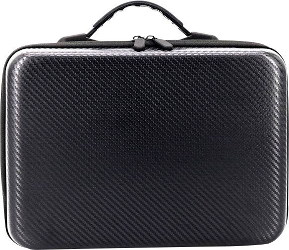 Black suitcase with a carbon-like surface and carrying handle.