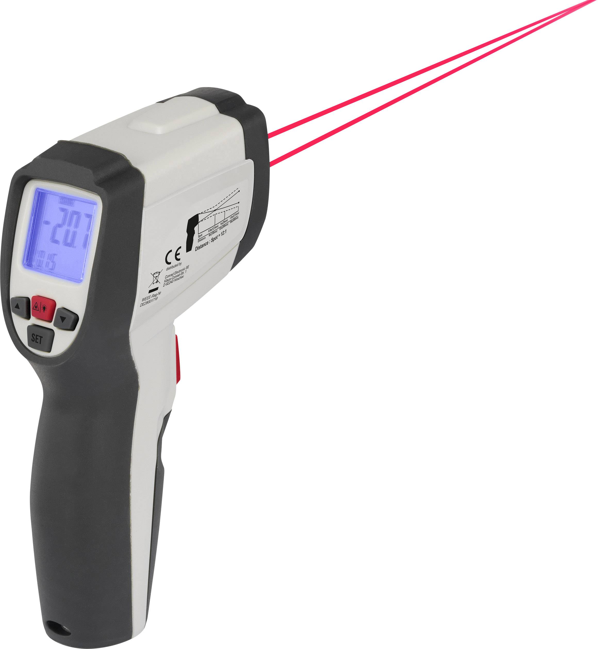 An infrared thermometer displays a temperature of -20.7 degrees Celsius on a blue display, with two red laser beams.
