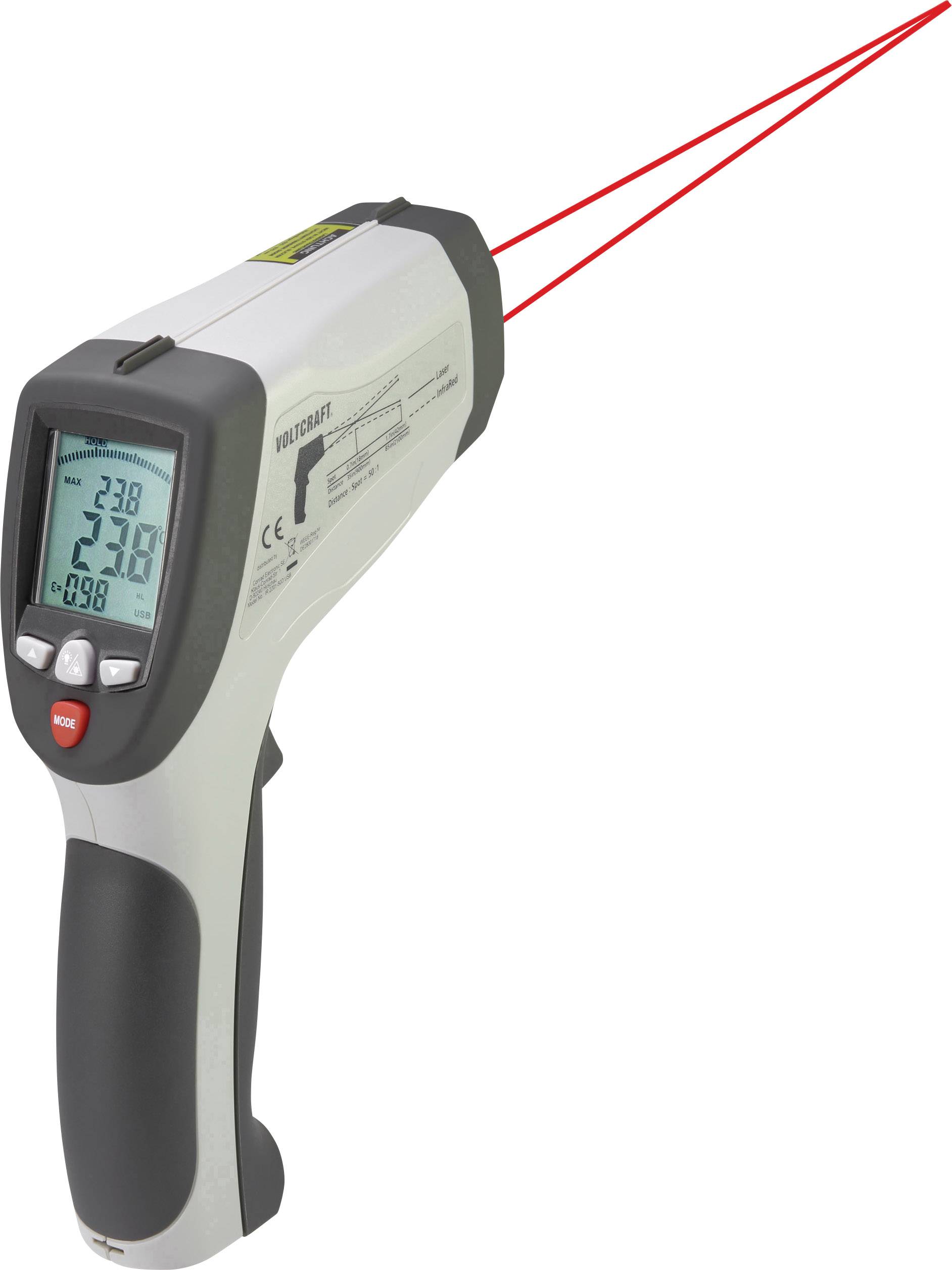 An infrared thermometer with two red laser pointers for target acquisition is used to measure temperatures precisely.