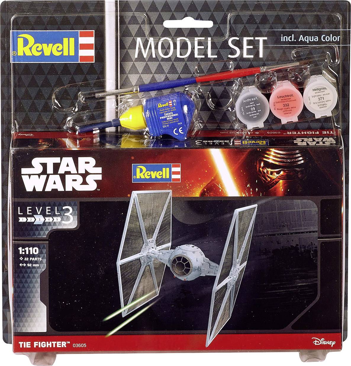 Packaging for a Star Wars TIE Fighter model kit by Revell, Level 3, scale 1:110, including paints and brushes.