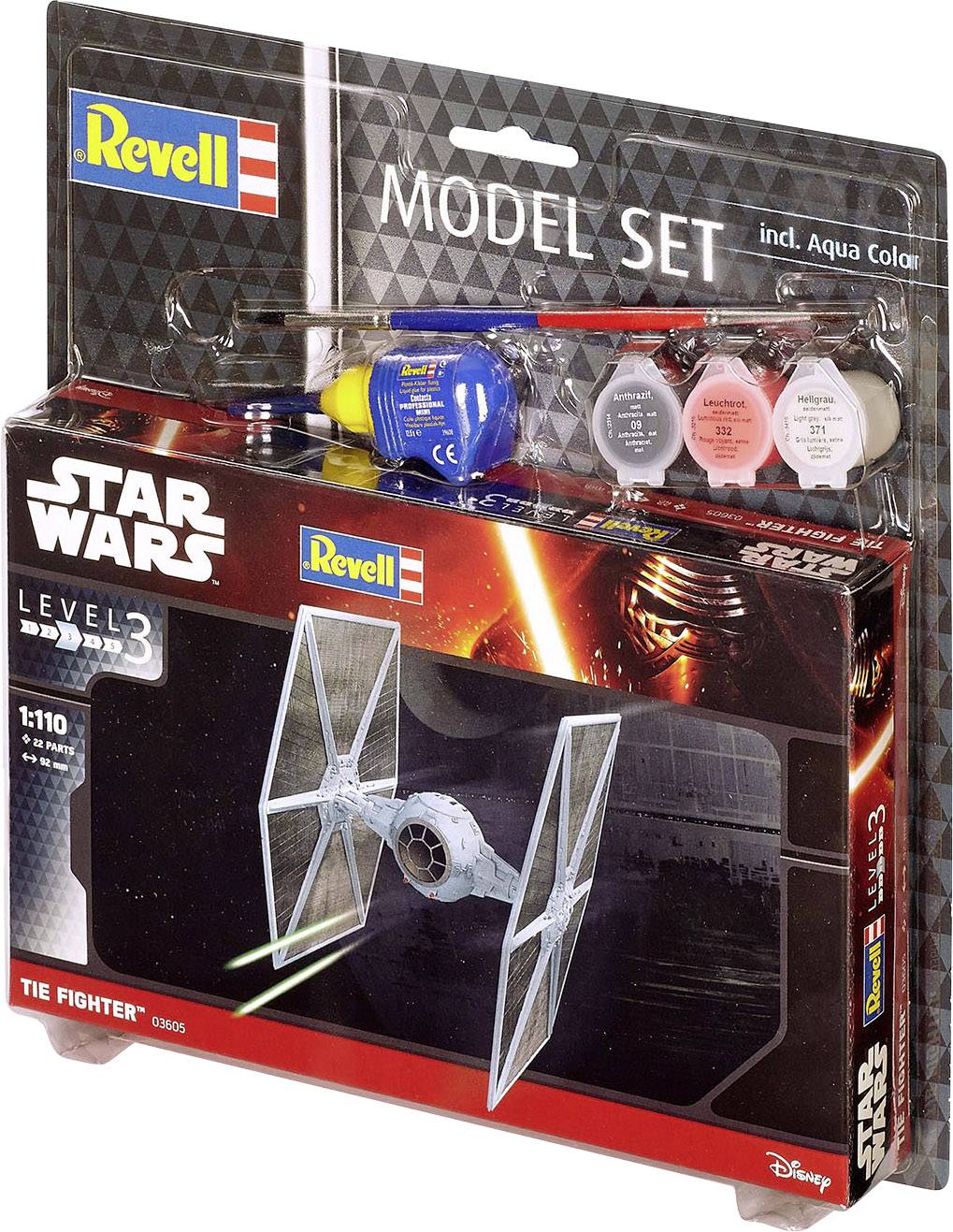Kit of a Star Wars TIE Fighter by Revell, Level 3. Includes paints and brushes. Packaging shows an image of the TIE Fighter in space.