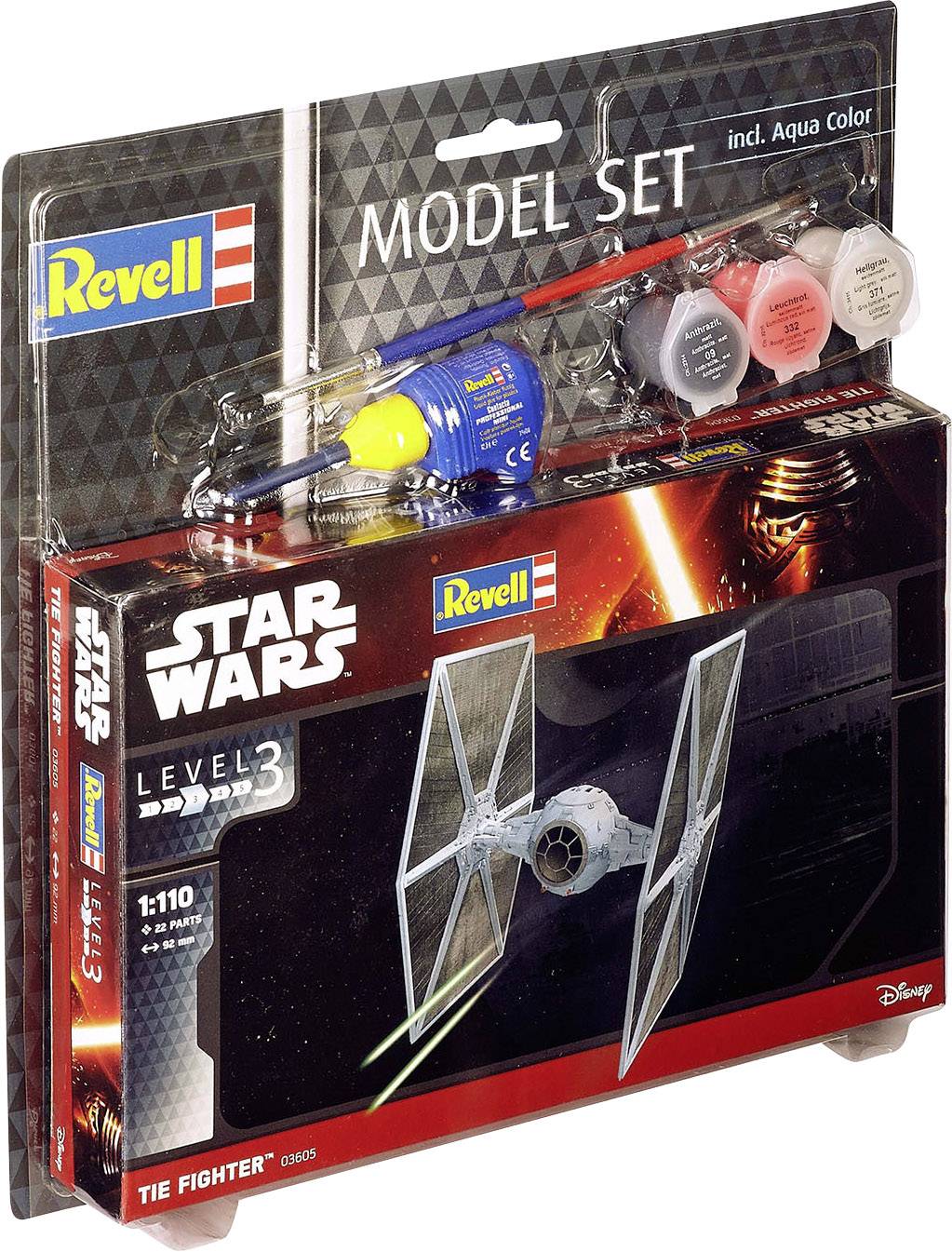 Model Kit 'Star Wars TIE Fighter' by Revell, Level 3, Scale 1:110, includes paints and brushes, as pictured on packaging.