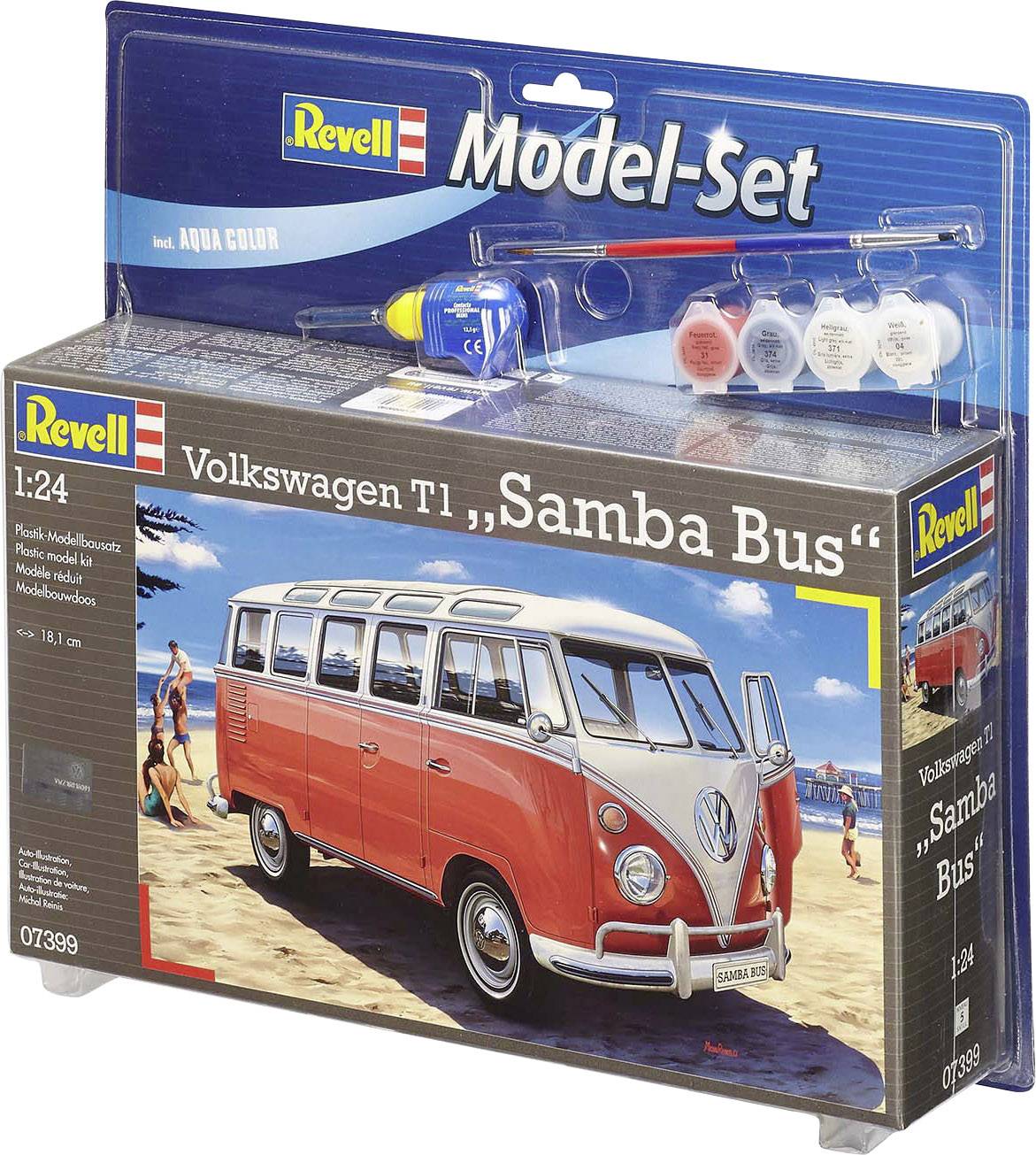 Kit for a red and white Volkswagen T1 'Samba Bus' by Revell. Includes paints, brushes and glue. Beach scene on packaging.