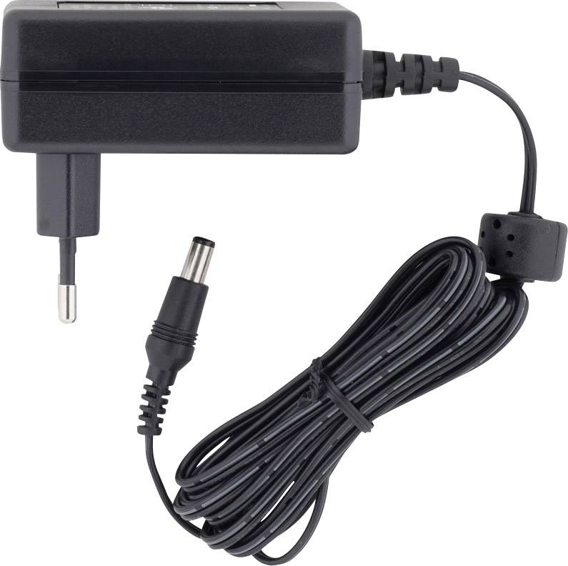 A black power supply with a detachable cable and plug. Suitable for charging electronic devices.