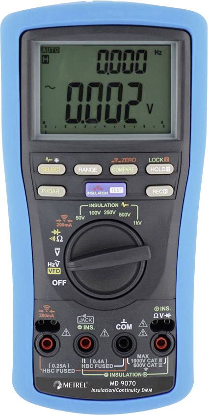 A digital multimeter displays a reading of '0.002 V' on its display. It has several buttons and rotary knobs for operation.