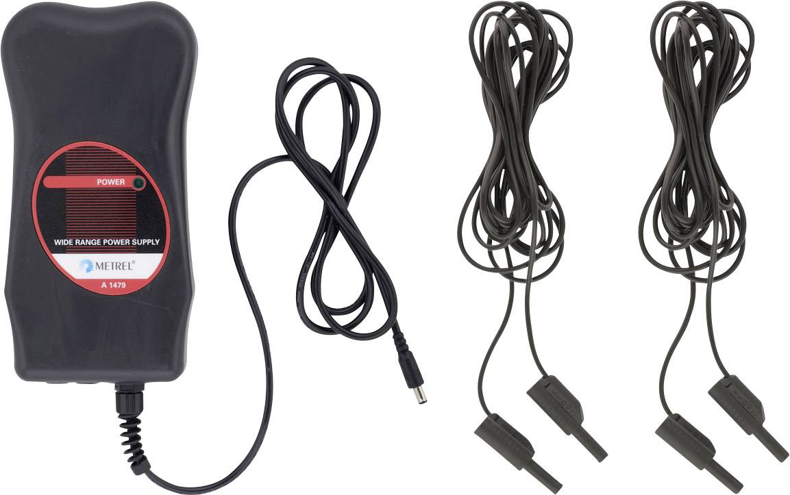 A black power supply with two long, black cables and clips, used for electrical devices.