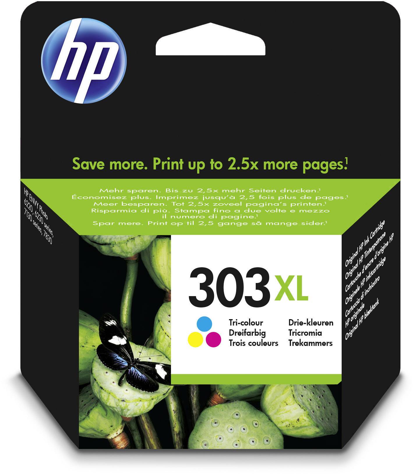 A HP 303XL ink cartridge pack. Text at the top: 'Save more. Print up to 2.5x more pages!' Colours: Tri-colour. Image of a flower with a butterfly.