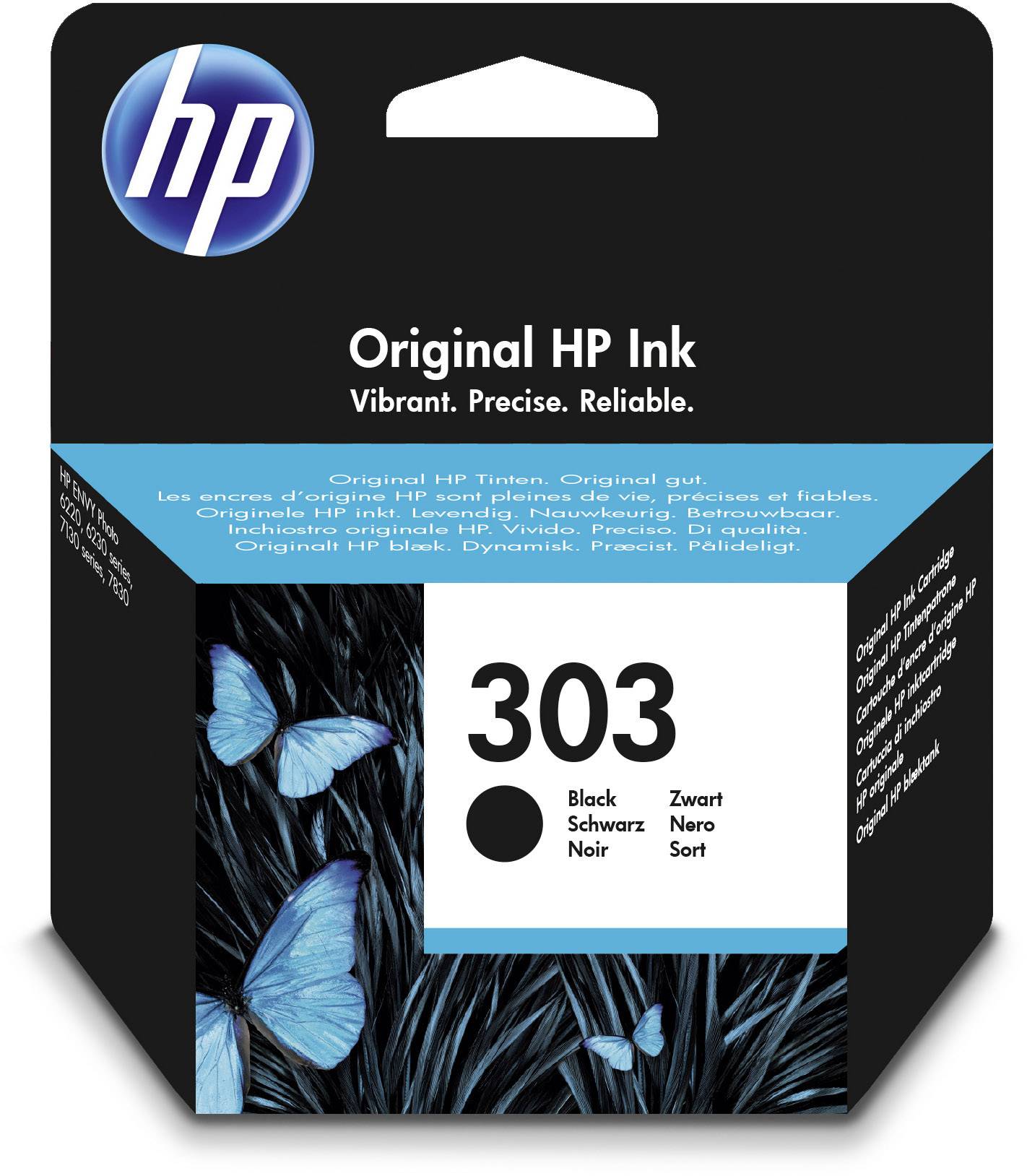 HP Printer Cartridge 303, black ink. Packaging shows blue butterflies on a dark background. Text: 'Vibrant. Precise. Reliable.'